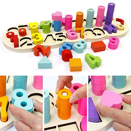 GEDIAO Wooden Math Blocks Puzzles Montessori Toys for Toddlers Sorting and Stacking Learning Toys for Kids Number Counting
