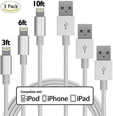 MoonKong MFi Certified, iPhone Charger 3Pack 3FT/6FT/10FT Nylon Braided 8 pin Charging Cables USB Charger Cord,Lighting cable for iPhoneX /8/8Plus /7/7Plus/ 6s/6sPlus/6/6Plus/5/5S/iPad and iPod(white)