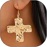 Chunky Gold Big Hammered Cross Drop Dangle Earrings for Women,Vintage Punk Cross Statement Dangling Earrings,Personalized Jewelry Accessories Gifts