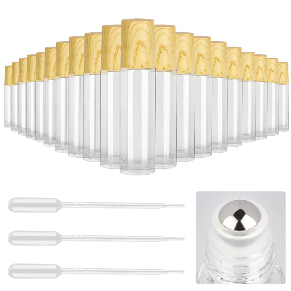 Tomorotec 20-Pack 10mL Ultra Thick Clear Glass Essential Oil Roller Bottles w/Wood Grain Plastic Caps Value Set 2 Openers & 3 Pipettes, Stainless Steel Rollerball Applicators