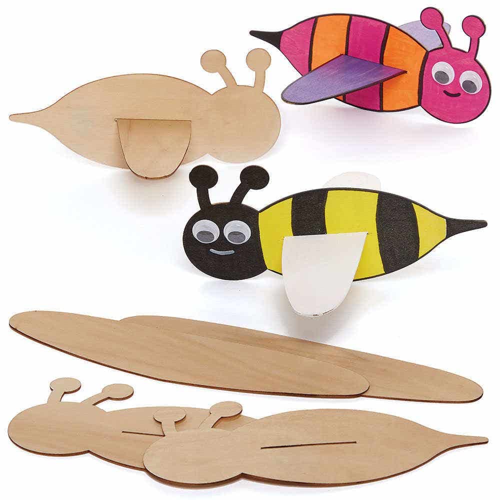 Baker Ross FC801 Bumble Bee Wooden Gliders - Pack of 8, Wood Crafts kits for Kids, Colouring Crafts for Kids