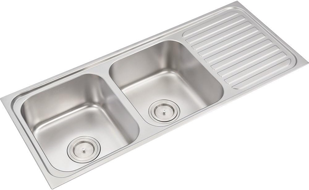 Anupam 329, 304 Grade Stainless Steel Double Square Bowl with Drain Board Kitchen Sink (48 x 20 x 8 Inch), Satin Finish