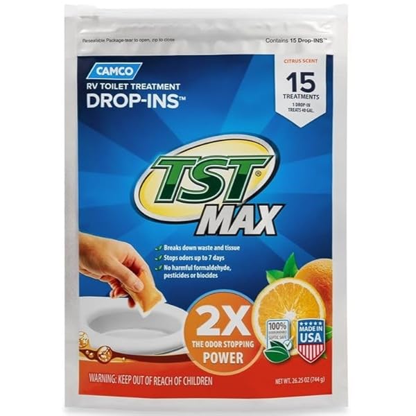 CAMCO TST MAX RV TOILET TREATMENT DROP-INS – CONTROL UNWANTED ODORS AND BREAK DOWN WASTE AND TISSUE – SAFE SEPTIC TANK TREATMENT – ORANGE SCENT – 15-PACK (41189)