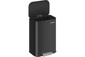 SONGMICS Kitchen Trash Can, 13-Gallon (50 L) Garbage Can with Lid, Stainless Steel, Soft Close and Stays Open, Inner Bucket, Wide Non-Slip Pedal, Ink Black ULTB547B01