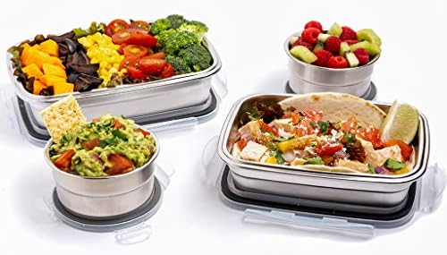 Stainless Steel Food Containers for Kids & Adults - Leakproof Lunch Box set of 4 (2 full size meal containers + 2 Dressing & Snack Container)