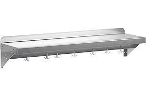 EcoExplorer Stainless Steel Shelf Wall Mounted, NSF Commercial Wall Shelf, Floating Shelving for Kitchen, Restaurant, Home, Hotel, 48 x 12 Inches Flat Surface with 7 Hooks