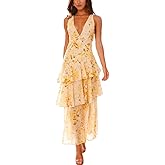 Women's Floral Maxi Dress Sexy Deep V Neck Backless Ruffles Dresses Beach Party Wedding Guest Dress