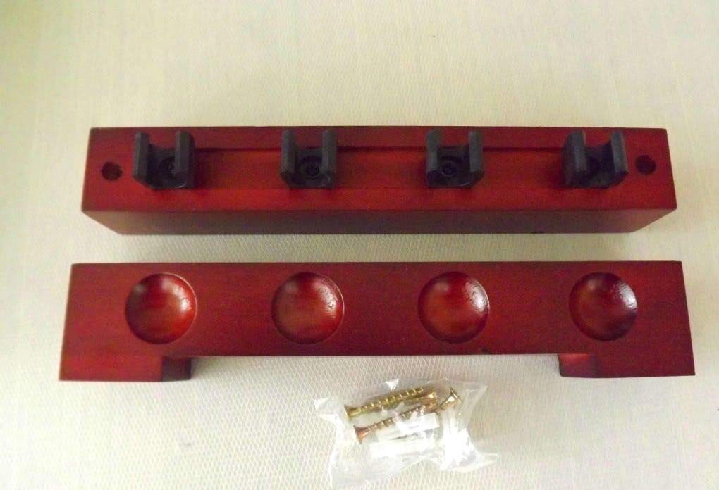 2 PIECE MAHOGANY POOL, SNOOKER, RACK WALL HOLDER with clips - HOLDS 4 CUES