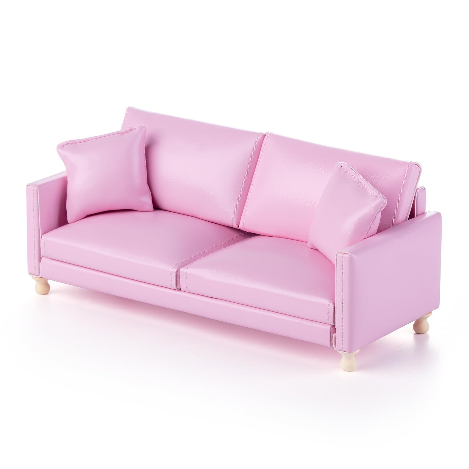 Minamzee 1:12 Dollhouse Leather Sofa, Miniature Modern Double Sofa with Pillows, Dollhouse Luxury Couch Furniture Accessories for Living Room Bedroom (Pink)
