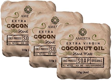 AMERTA Organic Coconut Oil Handmade Soap Bars, Set of 3 - Cold Process, PH<10, Enriched with Natural Vegetable Clycerin and Vitamins