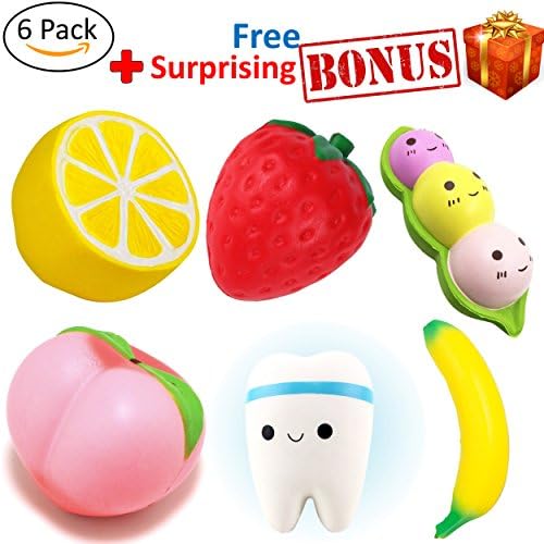 6 large Pcs +1 bonus Ultra Soft Slow Rising Squishy Toys Fruit Peach Banana Lemon Peas Strawberry Tooth Squishies Kawaii PLUS a random cute animals or funny face BONUS squishy toys for Kids and Adults