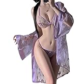 SENJIY sexy kimono dress for women lingerie robe costume cosplay Perspective Cute open front Deep V-Neck Floral Pattern short japanese Yukata Anime Side Slit suit Sleepwear Pajamas outfit set purple