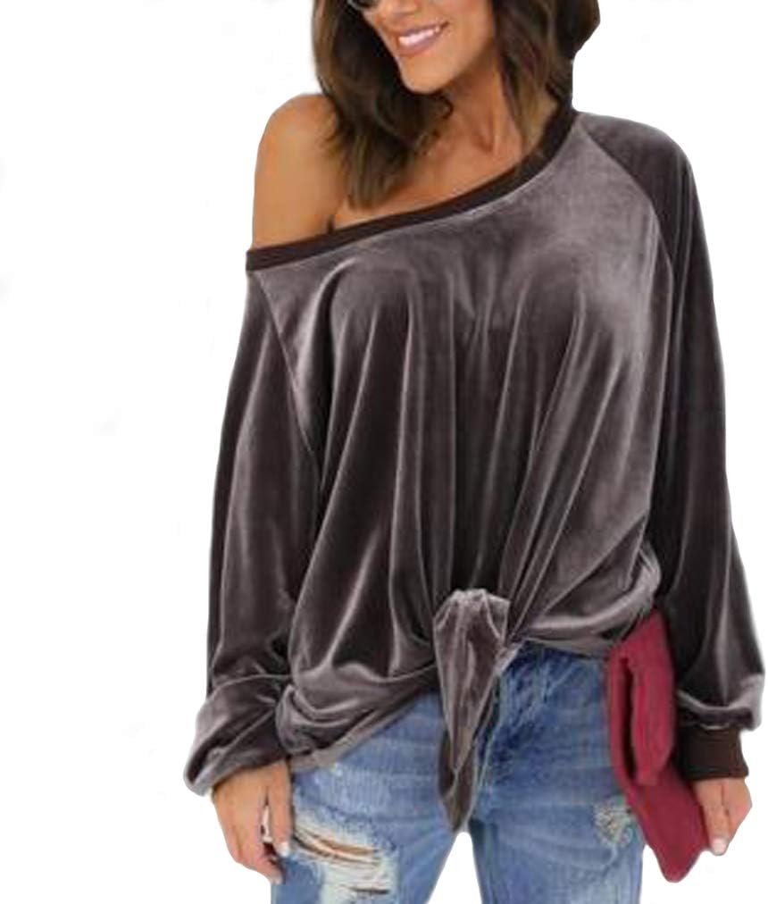 YunPeng Women's Pullover Bandage One Shoulder Velvet Solid Long Sleeve T-Shirt Top