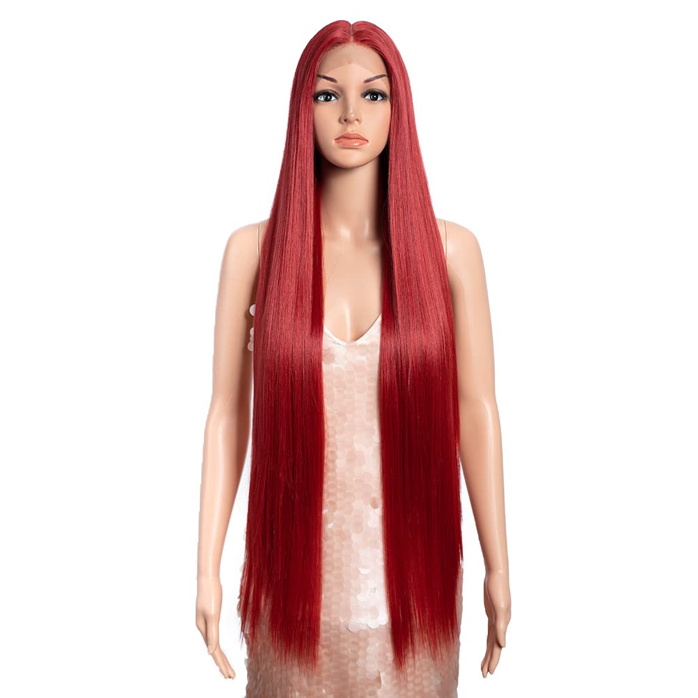 Style Icon Red Super Long Straight Lace Front Wig 38 Inches Long Wig for Women Synthetic Lace Front Wig Middle Part Lace Pre Plucked with Baby Hair Heat Resistant Fiber Cosplay Wig (M.RED)