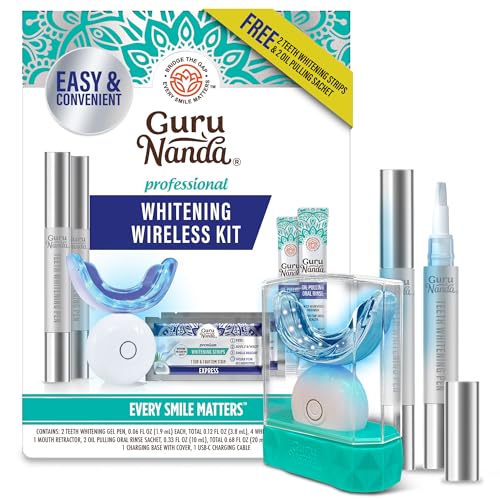 GuruNanda Teeth Whitening Kit - 8% Hydrogen Peroxide Teeth Whitening Gel Pen & Advanced Wireless LED Accelerator Light, Upto 10 Shades Whiter Teeth, Professional Dentist-Inspired System, 40 Treatments