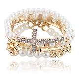 Cream with Goldtone 4 Piece Bundle of Iced Out Cross, Link & Bar Chain Beaded Stretch Bracelet (S-1922)