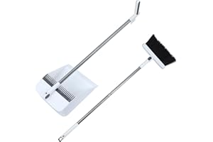 HOMSFOU Long Handle Broom and Foldable White Dustpan Set with Comb Teeth 36.7 Inch Lightweight Stainless