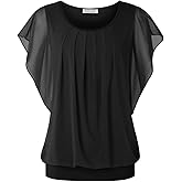 BAISHENGGT Womens Summer Tops Flutter Short Sleeve Pleated Front Mesh Shirts Dressy Casual Blouses