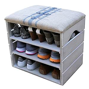 ZAPATERO de MADERA (Blanco Envejecido), con ASIENTO Acolchado