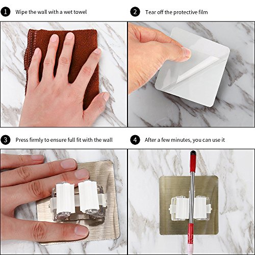 Guzack 2 Pack Broom Mop Holder,Self Adhesive Broom Gripper Holds with Spring Clip Reusable No Drilling Super Anti-Slip Wall Mounted Storage Tool Rack Storage Organization (Holds Up To 11 Pounds) - Thumbnail 6