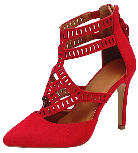 Cambridge Select Women's Closed Pointed Toe Laser Geometric Cutout Ankle Strappy Stiletto High Heel Pump (10 B(M) US, Red)