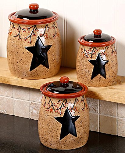 Set Of 3 Primitive Rustic Star Berries Canisters Country Kitchen