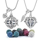 2 PCS Antique Silver Aromatherapy Essential Oil Diffuser Locket Necklace Pendant, Round / Heart Cage Locket Bulk with 10 Lava Stone Rock Beads Balls Set for Necklace Jewelry