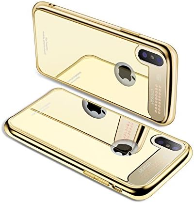 iPhone X Case, Tempered Glass Mirror Aluminum Bling Cute Diamond Defender Slim Glitter Hard Design Protective Scratch-Resistant Cover Luxury Bumper [Tpu Shock Absorption] for Apple iPhone X Gold