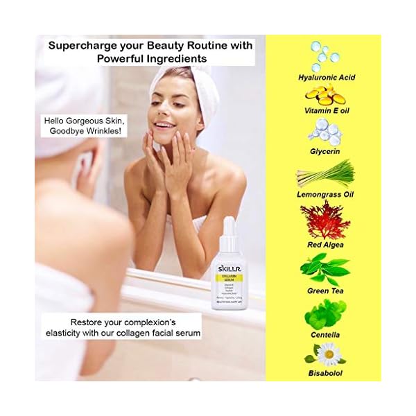 SKILLR-ORGANICS-Collagen-Serum-for-Face-and-Eye-with-Peptides-Hyaluronic-Acid-and-Vitamin-E-Oil-Facial-Moisturiser-Cream-for-Women-Anti-Aging-Skin-Care-Anti-Wrinkle-Beauty-Products1oz Collagen Face Serum with Peptides, Hyaluronic Acid and Vitamin E Oil -Facial Moisturiser Cream for Women/Men -Natural…