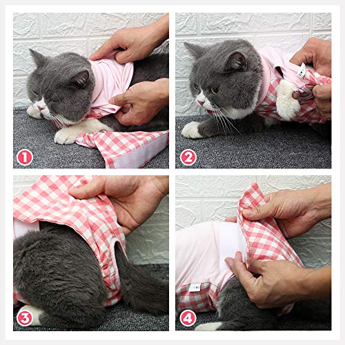 Heywean Recovery Suit for Cats After Surgery Wear for Abdominal Anti Licking Wounds E-Collar Alternative for Cat Breathable Surgical Pet Onesie (M, Pink) - Thumbnail 4