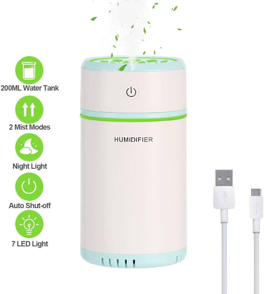 bigzzia USB Portable Humidifiers Diffuser Mini Personal Cool Air Quiet Ultrasonic Purifier 7-Color Mood Lights Nightlight 200ML Auto Shut-Off for Car Office Home (Blue)