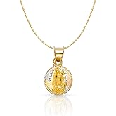 Ioka 14K Tri Color Gold Diamond Cut Our Lady of Guadalupe Stamp Religious Charm Pendant with 0.5mm Box Chain Necklace