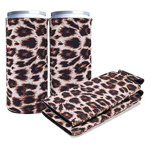 DIFENLUN 2 Pack Neoprene Slim Can Coolers, Collapsible Can Sleeves Beer Can Coolies Covers for 12oz Slim Drink Beer Cans(Leopard)