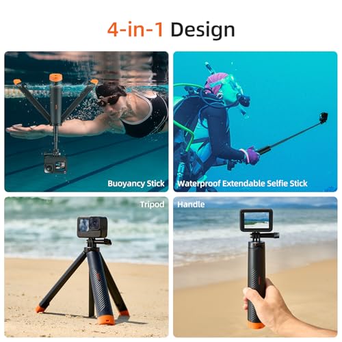 TELESIN 4 in 1 Selfie Stick Grip Hand Floating Tripod Waterproof Extendable Selfie Monopod for GoPro Hero 13.12 11 10 9 8 7 6 5 4 DJI Action 5 Pro 4 3 Insta360 X5 X4 AKASO Camera