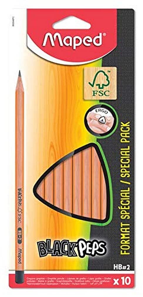 Maped - 10 Pencils Graphite Black &amp; amp; rsquo; Peps - 10 Pencils &amp; amp; agrave; HB Paper Painted Tip - Ergonomic and Triangular - Certified Wood Pencils 100% FSC