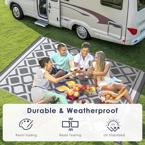 VK·LIVING Outdoor Rug for Garden Patios Waterproof 120X180cm Reversible Carpet Durable & UV Resistant Modern Outdoor Mat Portable Lightweight Area Patio Rugs for Balcony Camping Yard RV Grey&White