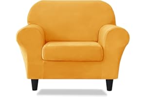 SONNACH Velvet Loveseat Couch Covers for 2 Cushion Couch Sofa - High Stretch 3 Pieces Washable Furniture Protector with Elastic Bottom for Kids,Pets (Yellow, Armchair (1 Cushion))