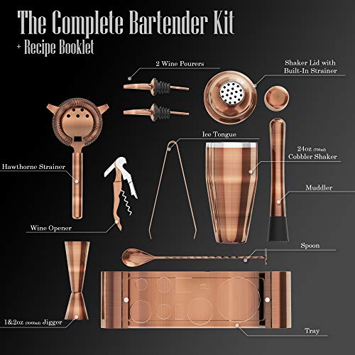 The Complete Bartender Kit | 11 Piece Cocktail Shaker Set with Stand | Great To Make Martini, Margarita, Mojito or Any Other Alcohol or Liquor Drink | Impressive Set For Special Gift! (Antique Copper)