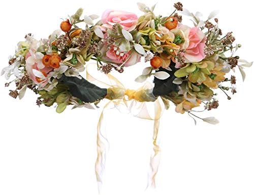 Folora Adjustable Flower Headband Hair Wreath Floral Garland Crown Headpiece with Ribbon for Wedding Ceremony Party Festival