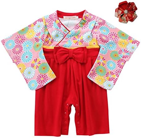 FANCYBABY Japanese Girls Toddler Kimono Dress Robe Outfit Costume with Hair Clip (12 to 18 Months, Red Flowers)