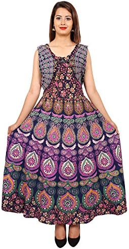Jaipuri Fashionista Cotton Women's Maxi Long Dress Jaipuri Printed with Atteched Jacket (Free Size Upto 44-XXL)