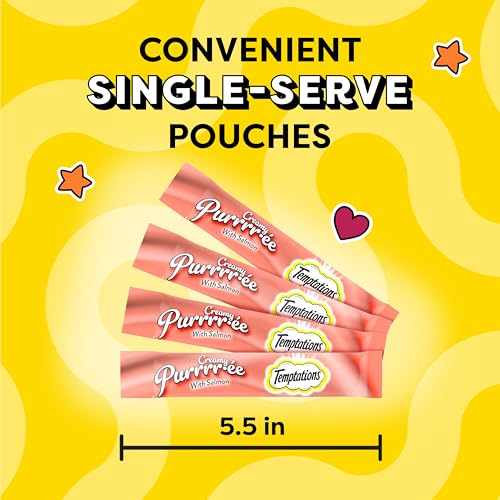 TEMPTATIONS CREAMY PUREE SQUEEZABLE LICKABLE CAT TREATS, WET CAT TREATS WITH SALMON, 0.42 OZ. TUBES, 24 COUNT – PACKAGING MAY VARY