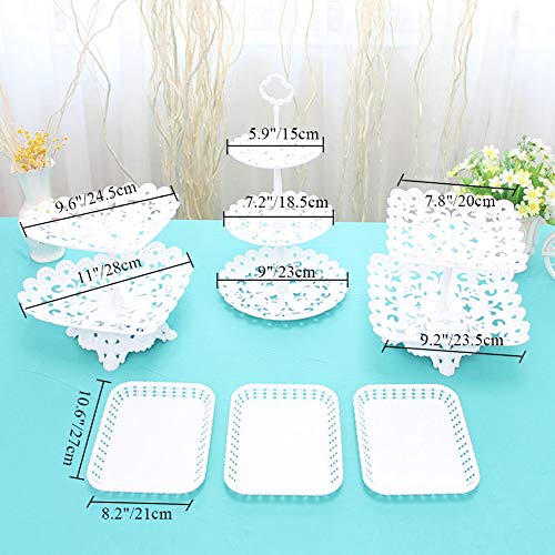 Dessert Stand Set of 6 Pieces Includes 3 Tier 2 Tiers Square/Heart/Round Cupcake Holder Rectangular Plate Tray for Wedding Birthday Party Fruits Desserts Candy Bar Display White
