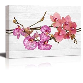 Pink and Coral Orchid Flowers on a Branch Over White Wood Panels - Zen - Canvas Art Home Art - 12x18 inches