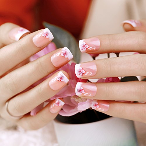 ArtPlus 24pcs x 4 (4-Pack) Sakura Glittering Elegant Touch French Manicure False Nails with Glue 4 Boxes in 1 Premium Pack Buy 3 Get 1 Free Fake Nails Art