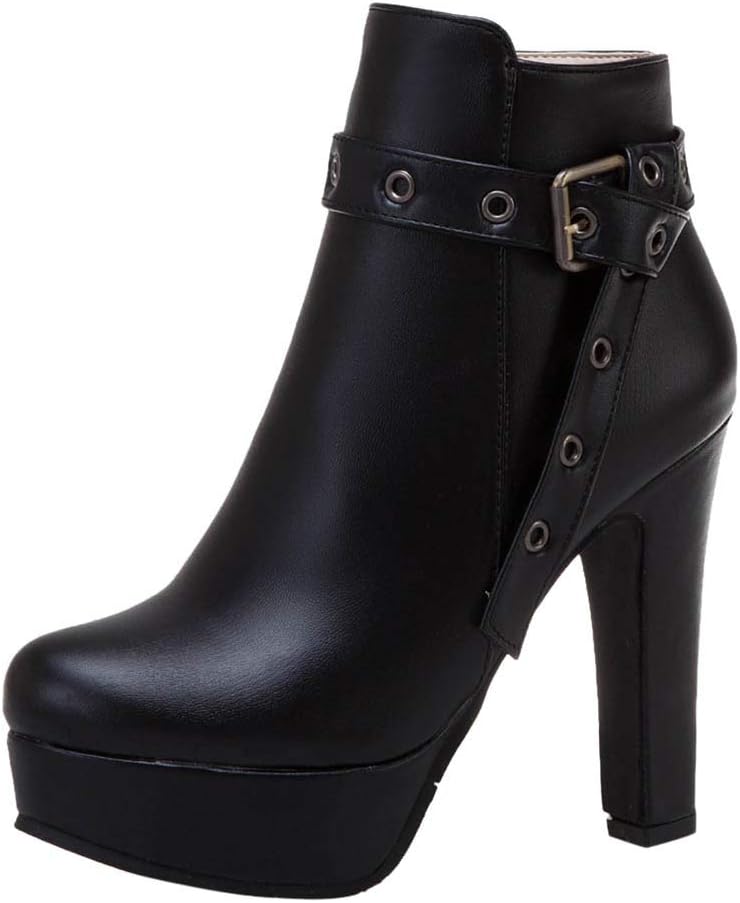CUCAMM Booties for Women, Head High Heels Waterproof Platform Round Zipper Ankle Boots