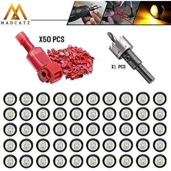 MadCatz Kit 50 Pcs 3/4 Inch Round Clear Lens Amber LED 12V DC Side Marker Lights with Rubber + 50 Pairs T-Tap Wire Connector 18-22 AWG Include Hole Saw Set 19mm for Trailer Truck RV Universal Vehicle