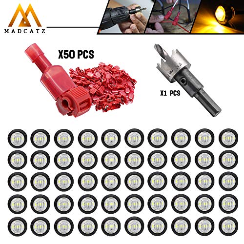 MadCatz Kit 50 Pcs 3/4 Inch Round Clear Lens Amber LED 12V DC Side Marker Lights with Rubber + 50 Pairs T-Tap Wire Connector 18-22 AWG Include Hole Saw Set 19mm for Trailer Truck RV Universal Vehicle