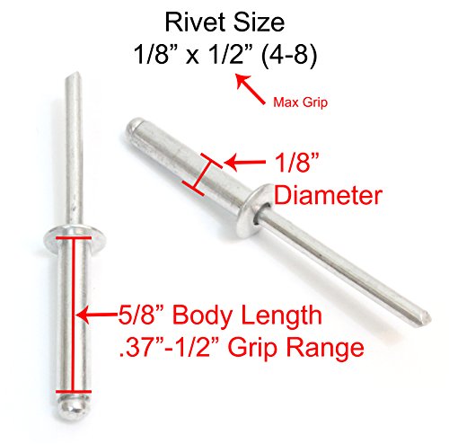 Rivets, Aluminum, 1/8" x 1/2" Inch, (4-8) (100pc), Gap (.37-.5)", By Bolt Dropper.