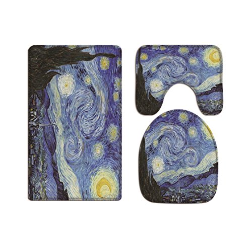 A.Monamour Fabric Vincent Van Gogh Starry Night Print Soft Flannel Cloth Washable Toilet Seat Covers Toilet Lid Covers Cushions Pads Skidproof Bath Mat Rug for Toilet Accessories
